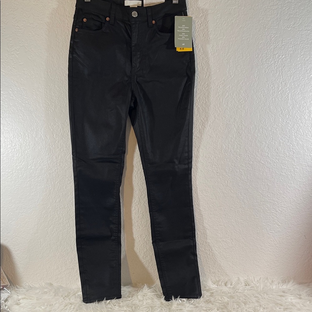 H&M High Rise Full Lenght Skinny Jeans Black Shine Size 6 NEW